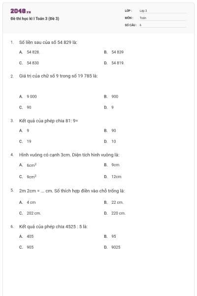 Đề thi học kì I Toán 3 (Đề 3)