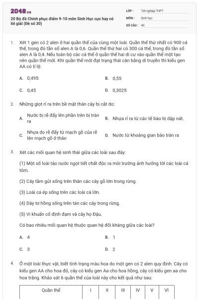 20 Bộ đề Chinh phục điểm 9-10 môn Sinh Học cực hay có lời giải (Đề số 30)