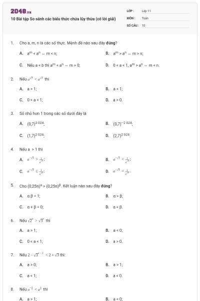 10 Bài tập So sánh các biểu thức chứa lũy thừa (có lời giải)
