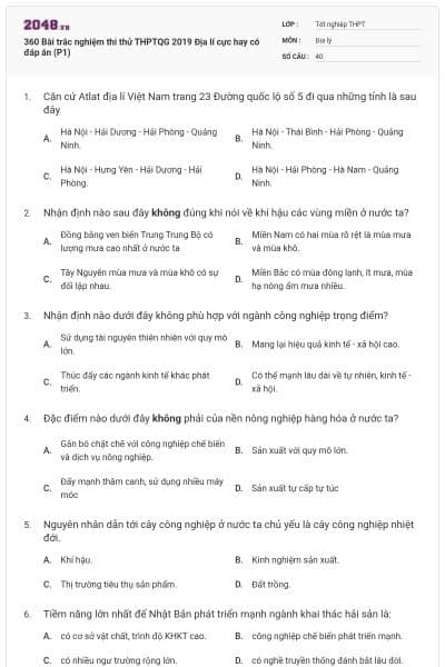 360 Bài trắc nghiệm thi thử THPTQG 2019 Địa lí cực hay có đáp án (P1)