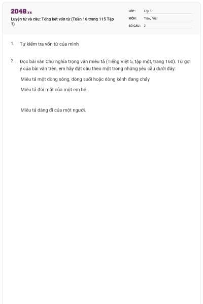 Luyện từ và câu: Tổng kết vốn từ (Tuần 16 trang 115 Tập 1)