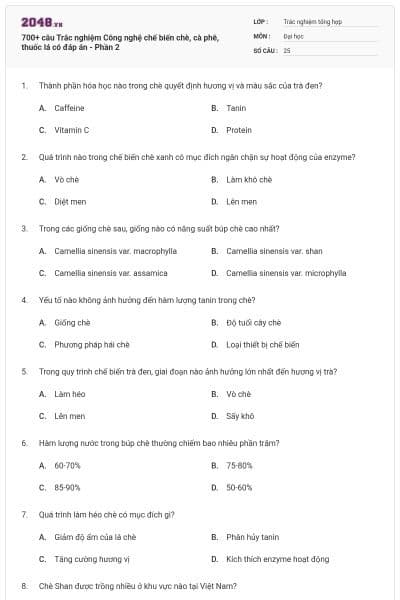 700+ câu Trắc nghiệm Công nghệ chế biến chè, cà phê, thuốc lá có đáp án - Phần 2