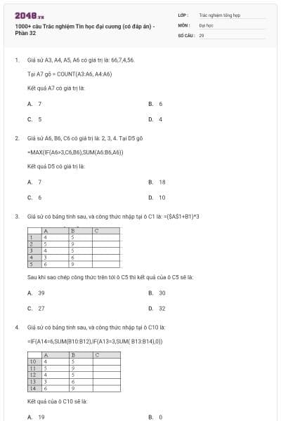 1000+ câu Trắc nghiệm Tin học đại cương (có đáp án) - Phần 32