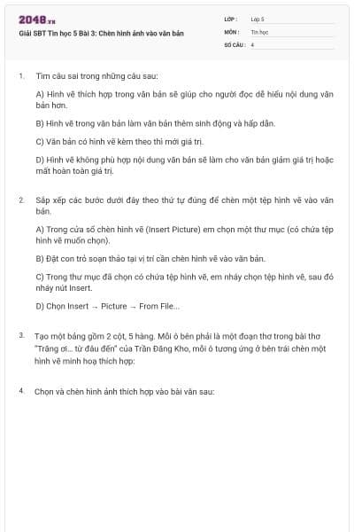 Giải SBT Tin học 5 Bài 3: Chèn hình ảnh vào văn bản