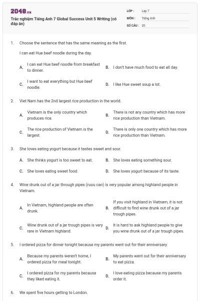 Trắc nghiệm Tiếng Anh 7 Global Success Unit 5 Writing (có đáp án)