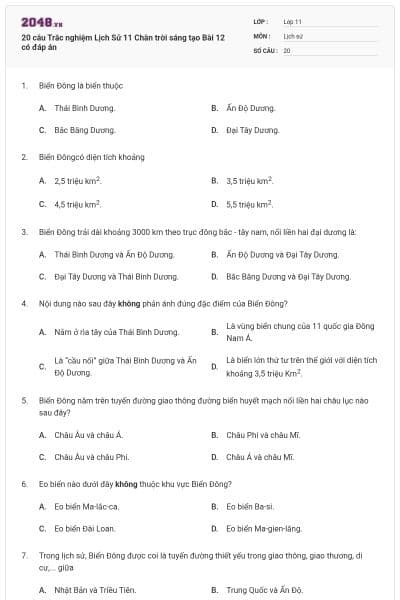 20 câu Trắc nghiệm Lịch Sử 11 Chân trời sáng tạo Bài 12 có đáp án