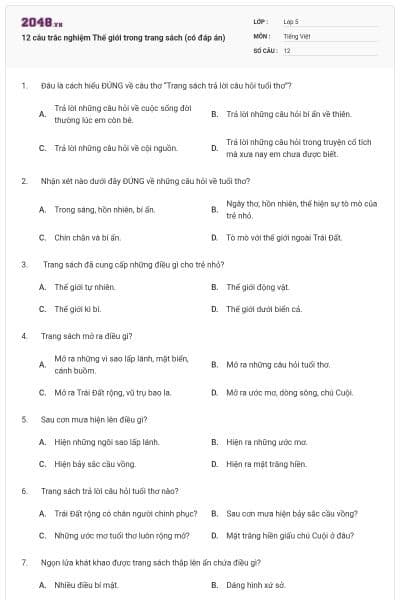 12 câu trắc nghiệm Thế giới trong trang sách (có đáp án)
