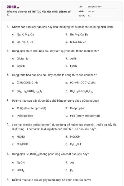 Tổng hợp đề luyện thi THPTQG Hóa Học có lời giải (Đề số 17)