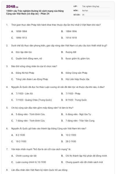 1000+ câu Trắc nghiệm Đường lối cách mạng của Đảng Cộng sản Việt Nam (có đáp án) - Phần 24