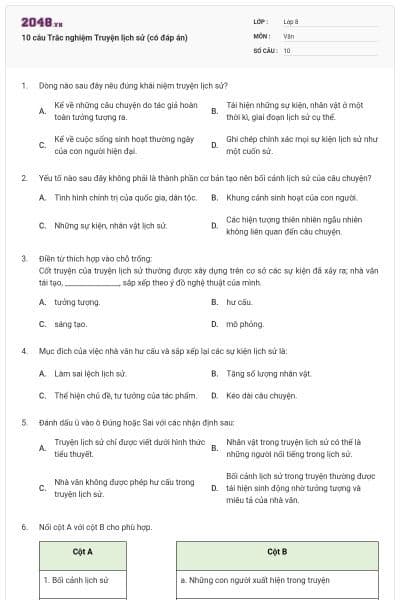 10 câu Trắc nghiệm Truyện lịch sử (có đáp án)