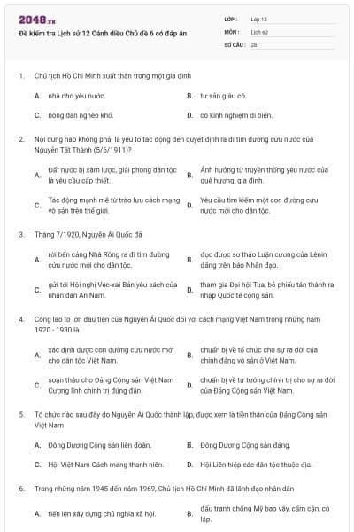 Đề kiểm tra Lịch sử 12 Cánh diều Chủ đề 6 có đáp án