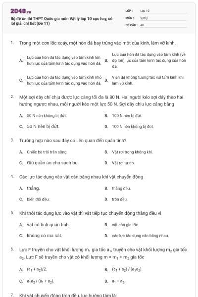 Bộ đề ôn thi THPT Quốc gia môn Vật lý lớp 10 cực hay, có lời giải chi tiết (Đề 11)