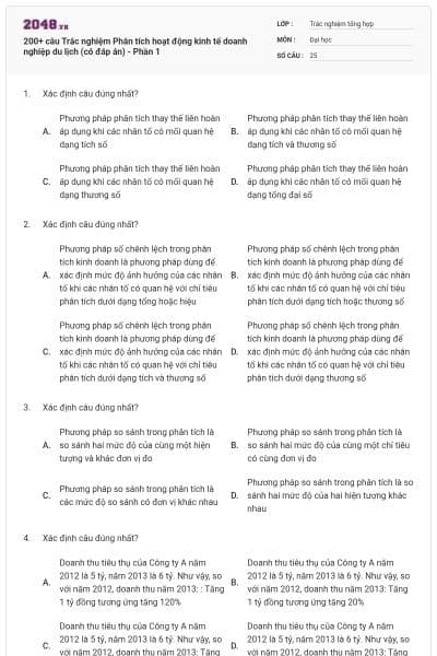 200+ câu Trắc nghiệm Phân tích hoạt động kinh tế doanh nghiệp du lịch (có đáp án) - Phần 1