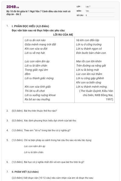 Bộ 10 đề thi giữa kì 1 Ngữ Văn 7 Cánh diều cấu trúc mới có đáp án - Đề 2