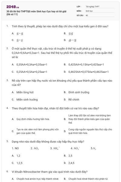 30 đề thi thử THPTQG môn Sinh học Cực hay có lời giải (Đề số 11)
