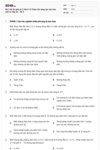 Bộ 3 đề thi giữa kì 2 Vật lí 12 Chân trời sáng tạo cấu trúc mới có đáp án - Đề 3