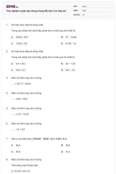 Trắc nghiệm Luyện tập chung (trang 88) lớp 5 (có đáp án)