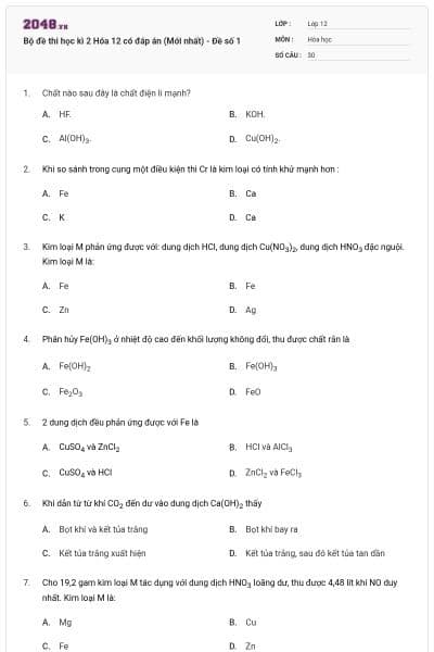Bộ đề thi học kì 2 Hóa 12 có đáp án (Mới nhất) - Đề số 1