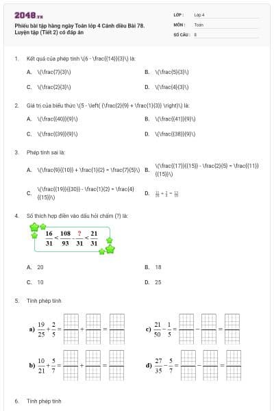 Phiếu bài tập hàng ngày Toán lớp 4 Cánh diều Bài 78. Luyện tập (Tiết 2) có đáp án