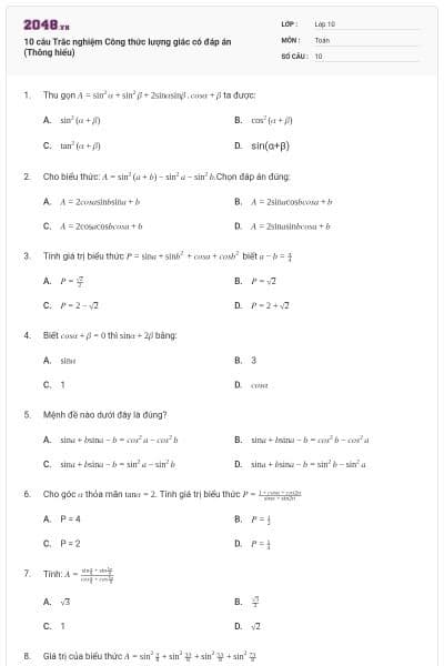 10 câu  Trắc nghiệm Công thức lượng giác có đáp án (Thông hiểu)