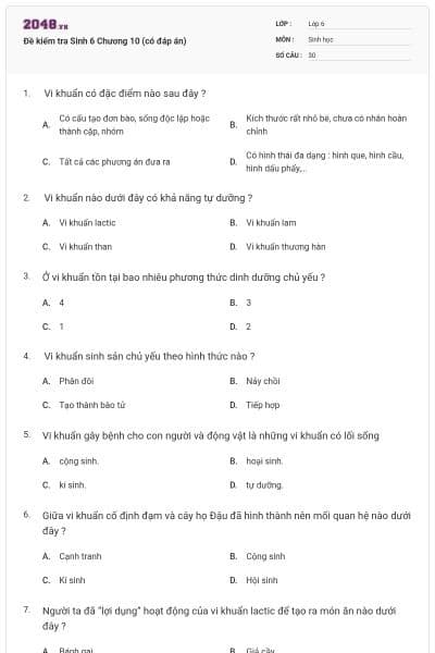 Đề kiểm tra Sinh 6 Chương 10 (có đáp án)