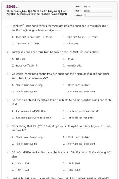 94 câu  Trắc nghiệm Lịch Sử 12 Bài 27: Tổng kết Lịch sử Việt Nam từ sau chiến tranh thứ nhất đến năm 2000 (P4) có đáp án