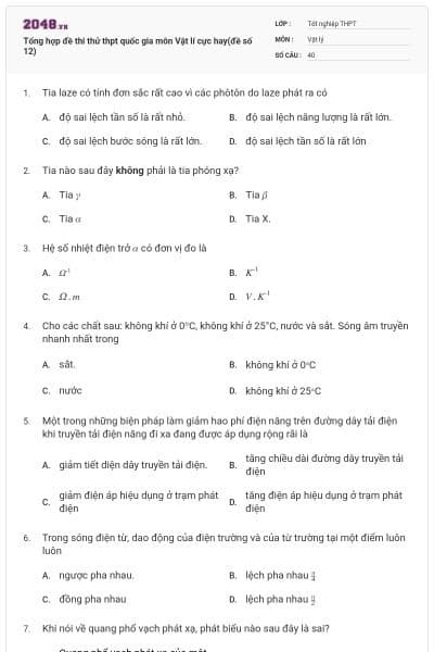 Tổng hợp đề thi thử thpt quốc gia môn Vật lí cực hay(đề số 12)