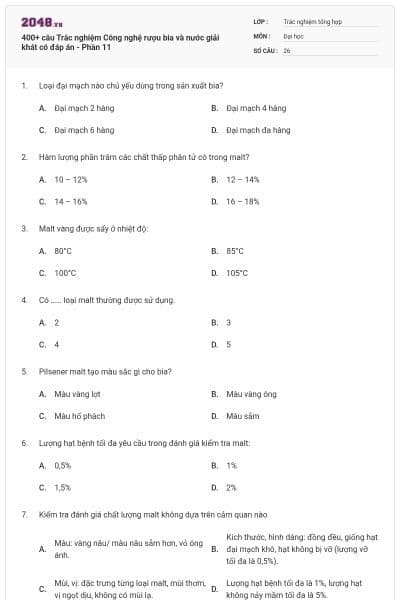 400+ câu Trắc nghiệm Công nghệ rượu bia và nước giải khát có đáp án - Phần 11