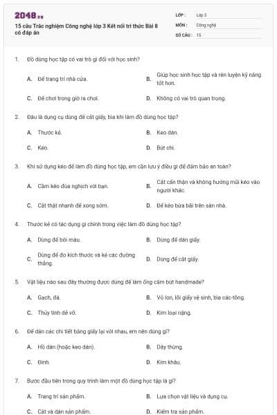 15 câu Trắc nghiệm Công nghệ lớp 3 Kết nối tri thức Bài 8 có đáp án
