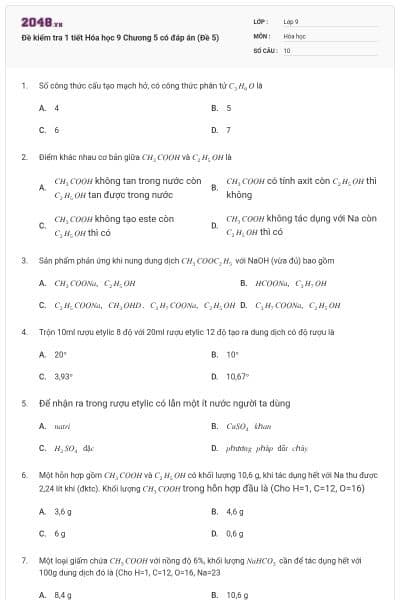 Đề kiểm tra 1 tiết Hóa học 9 Chương 5 có đáp án (Đề 5)