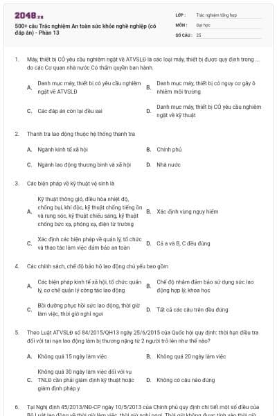500+ câu Trắc nghiệm An toàn sức khỏe nghề nghiệp (có đáp án) - Phần 13