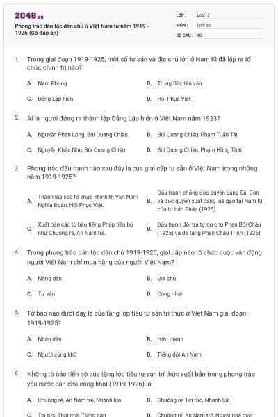 Phong trào dân tộc dân chủ ở Việt Nam từ năm 1919 - 1925 (Có đáp án)
