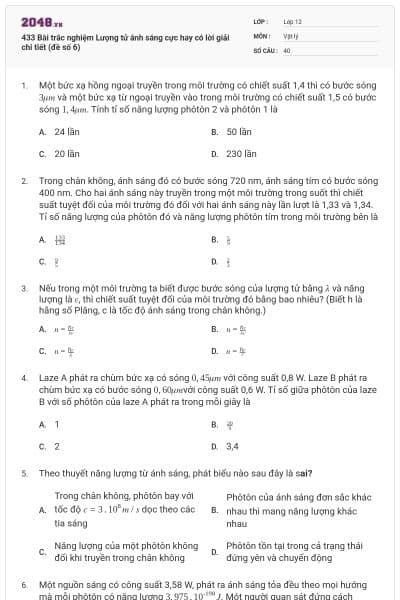 433 Bài trắc nghiệm Lượng tử ánh sáng cực hay có lời giải chi tiết (đề số 6)