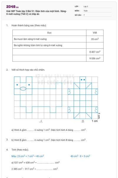 Giải SBT Toán lớp 3 Bài 51: Diện tích của một hình. Xăng-ti-mét vuông (Tiết 2) có đáp án