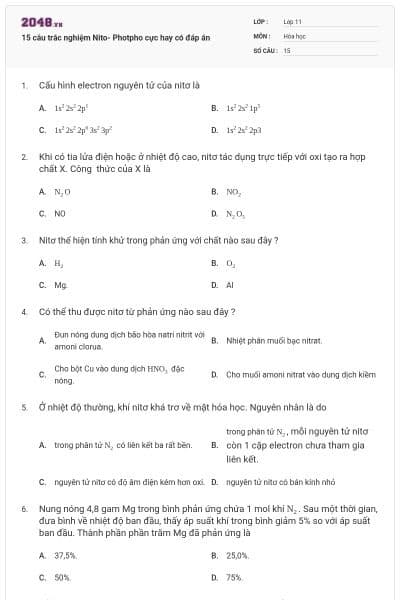 15 câu trắc nghiệm Nito- Photpho cực hay có đáp án