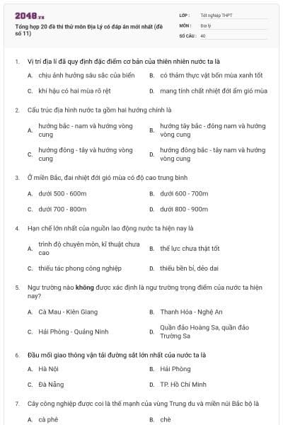 Tổng hợp 20 đề thi thử môn Địa Lý có đáp án mới nhất (đề số 11)