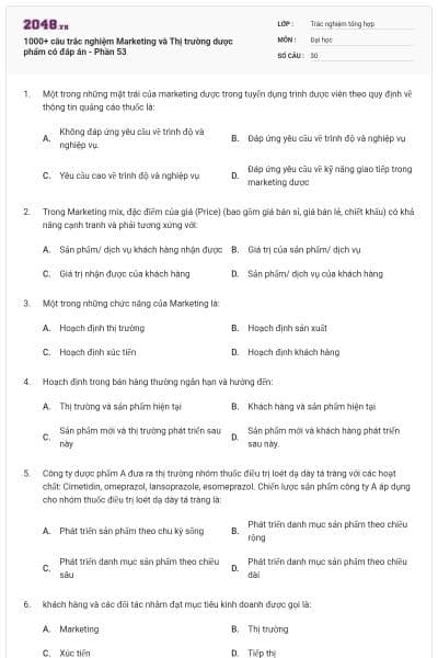 1000+ câu trắc nghiệm Marketing và Thị trường dược phẩm có đáp án - Phần 53