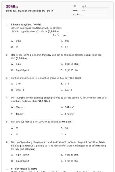 Đề thi cuối kì 2 Toán lớp 5 (có đáp án) - Đề 14