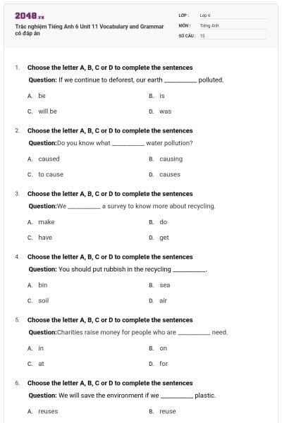 Trắc nghiệm Tiếng Anh 6 Unit 11 Vocabulary and Grammar có đáp án