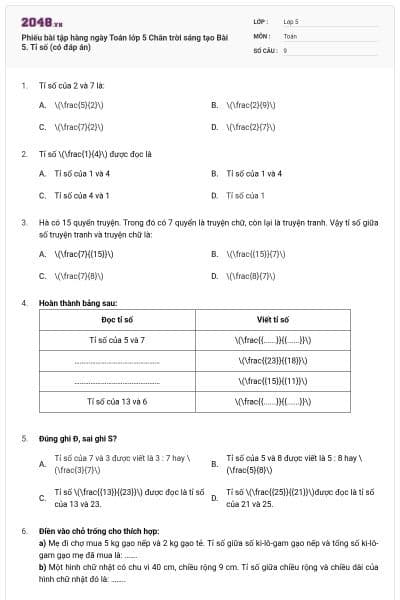 Phiếu bài tập hàng ngày Toán lớp 5 Chân trời sáng tạo Bài 5. Tỉ số (có đáp án)