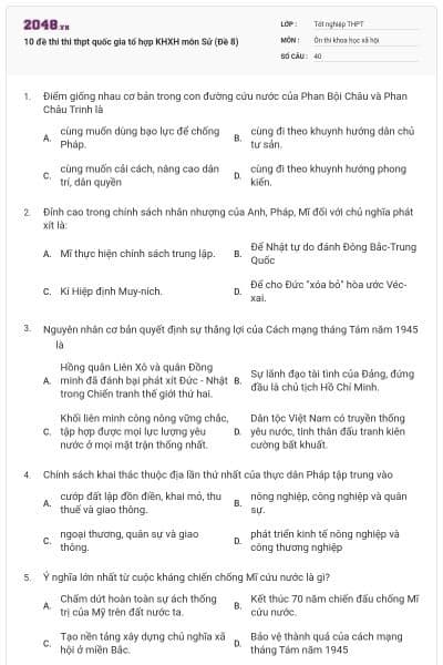 10 đề thi thi thpt quốc gia tổ hợp KHXH môn Sử (Đề 8)