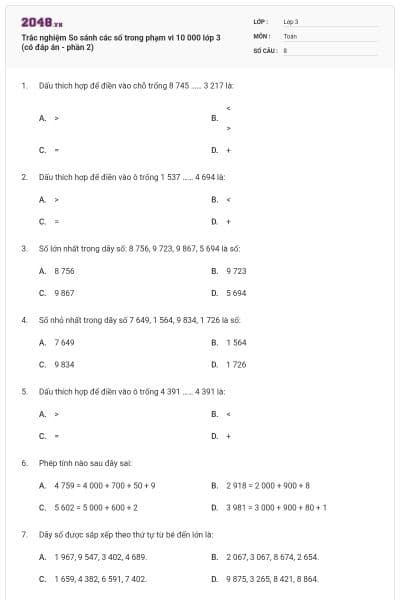 Trắc nghiệm So sánh các số trong phạm vi 10 000 lớp 3 (có đáp án - phần 2)