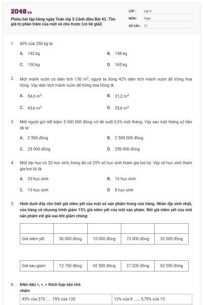 Phiếu bài tập hàng ngày Toán lớp 5 Cánh diều Bài 42. Tìm giá trị phần trăm của một số cho trước (có lời giải)