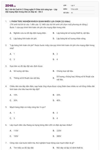 Bộ 2 đề thi Cuối kì 2 Công nghệ 9 Chân trời sáng tạo - Lắp đặt mạng điện trong nhà có đáp án - Đề 2