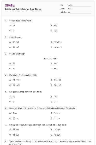 Bài tập cuối Tuần 3 Toán lớp 2 (có đáp án)