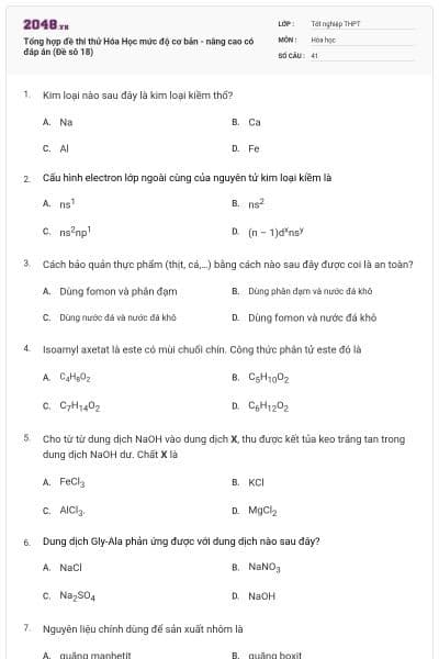 Tổng hợp đề thi thử Hóa Học mức độ cơ bản - nâng cao có đáp án (Đề sô 18)
