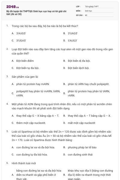 Bộ đề luyện thi THPTQG Sinh học cực hay có lời giải chi tiết (đề số 30)