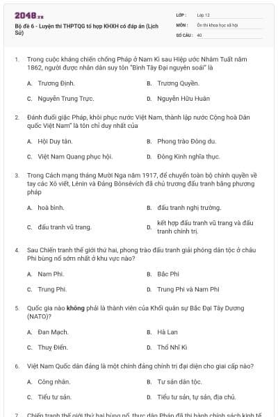Bộ đề 6 - Luyện thi THPTQG tổ hợp KHXH có đáp án (Lịch Sử)