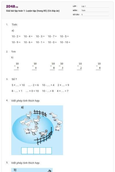 Giải bài tập toán 1: Luyện tập (trang 85) (Có đáp án)