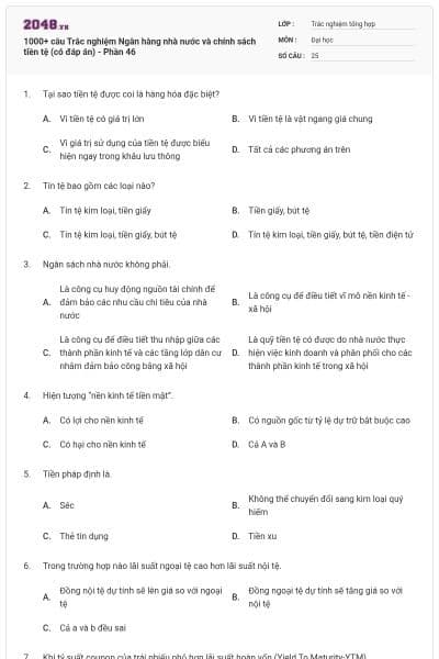 1000+ câu Trắc nghiệm Ngân hàng nhà nước và chính sách tiền tệ (có đáp án) - Phần 46